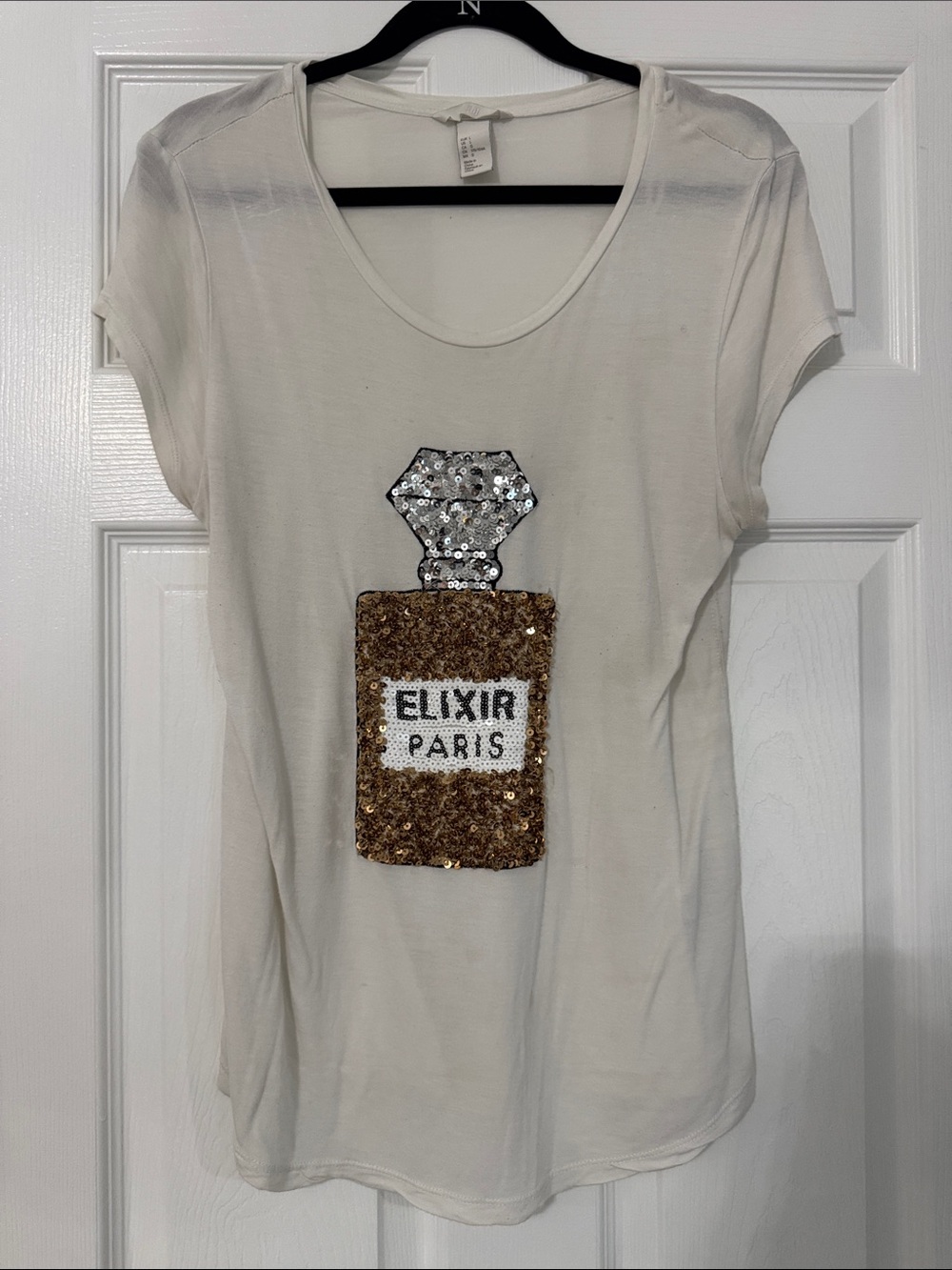 H&M Cream Short-Sleeve Tee with Gold & Silver Sequin Perfume Motif